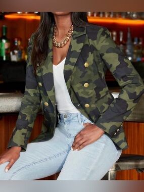 BOSTON PROPER CAMO BLAZER DOUBLE BREASTED MILITARY STYLE JACKET